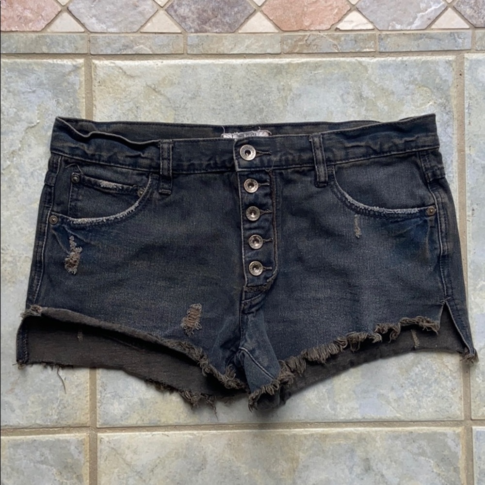 Free People Distressed Black Denim Shorts